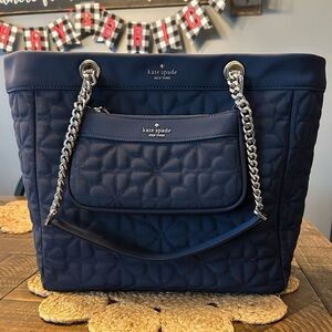 Kate Spade Flower Quilted Fabric XL Tote NWOT Parisian Navy